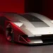 ترکیب نور و سایه روی Ferrari F76 که جزئیات سطحی بدنه و رنگ نقرهای متالیک را در محیطی استودیویی با نور قرمز نشان میدهد.