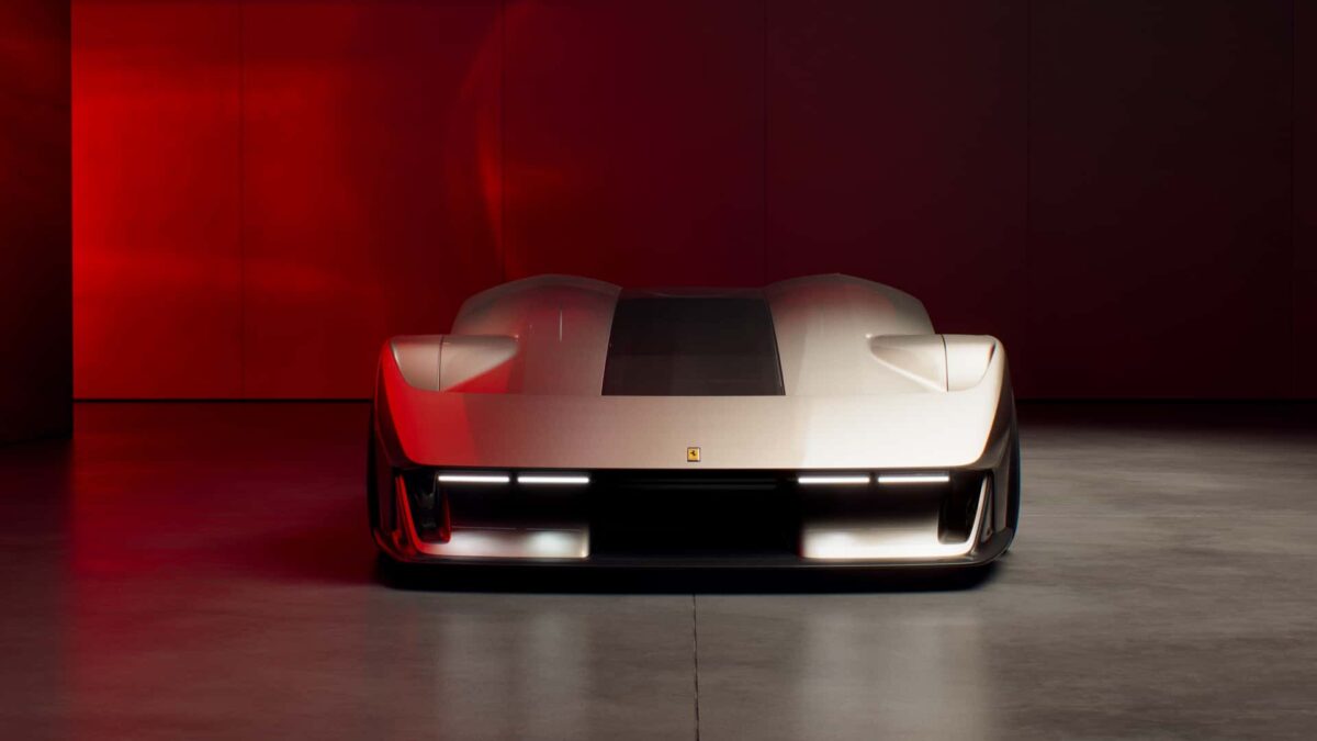 نمای جلو Ferrari F76 در نور قرمز با طراحی زاویهدار و چراغهای باریک LED که زبان طراحی آیندهنگر فراری را نشان میدهد.