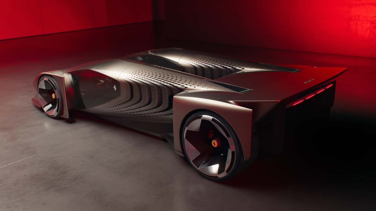 نمای عقب Ferrari F76 با نوار نور قرمز و چرخ‌های عریض که سبک طراحی دیجیتالی و آینده‌محور فراری را تأکید می‌کند.