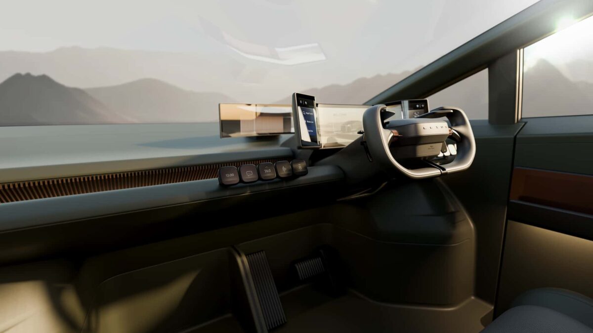 نمای داخلی Lexus LS مفهومی با فرمان Y-شکل و نمایشگر دیجیتالی پانورامیک.