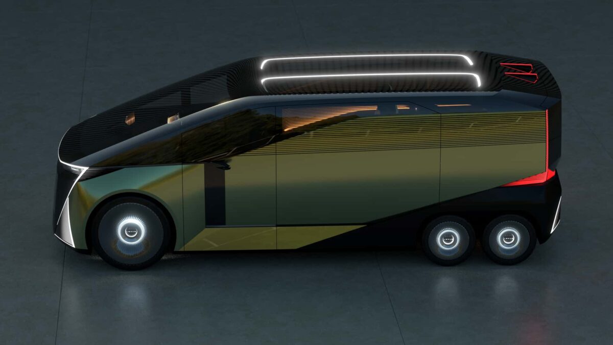 نمای جانبی کامل Lexus LS شش‌چرخ با خطوط هندسی و چرخ‌های بزرگ آلومینیومی.