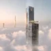 برج بلند Sobha SkyParks در میان ابرهای دوبی با منظره Burj Khalifa در پسزمینه.