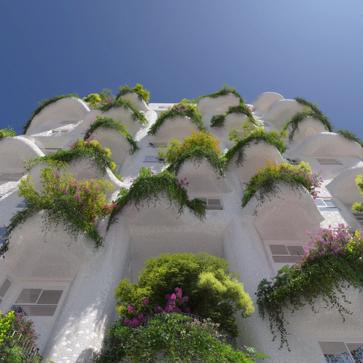 نمای نزدیک از بالکنهای پوشیده از گیاه در برج The Island