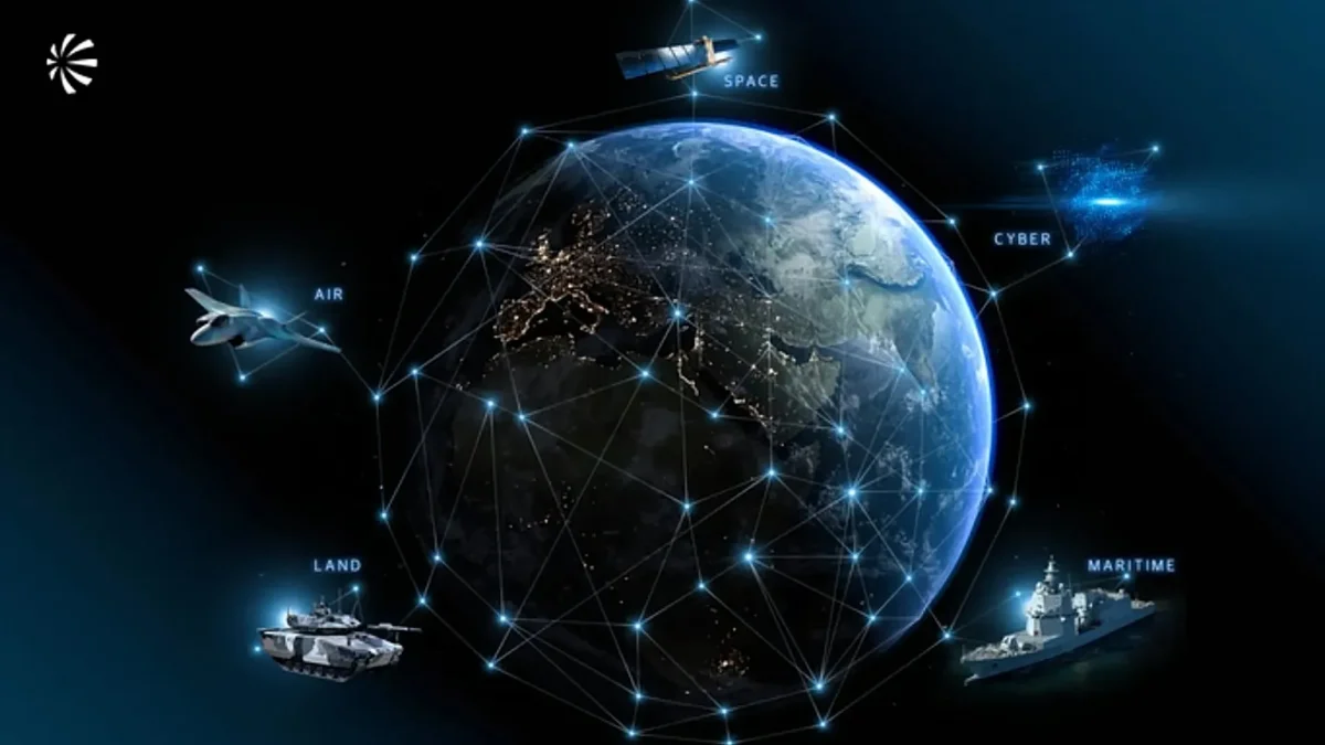 نمایی گرافیکی از زمین که با شبکه‌ای از نقاط نورانی احاطه شده و مانند گنبد میکل آنژ یک سازه حفاظتی مدرن را تداعی می‌کند؛ در اطراف آن، عناصر نظامی هوا، فضا، سایبری، زمینی و دریایی دیده می‌شود.