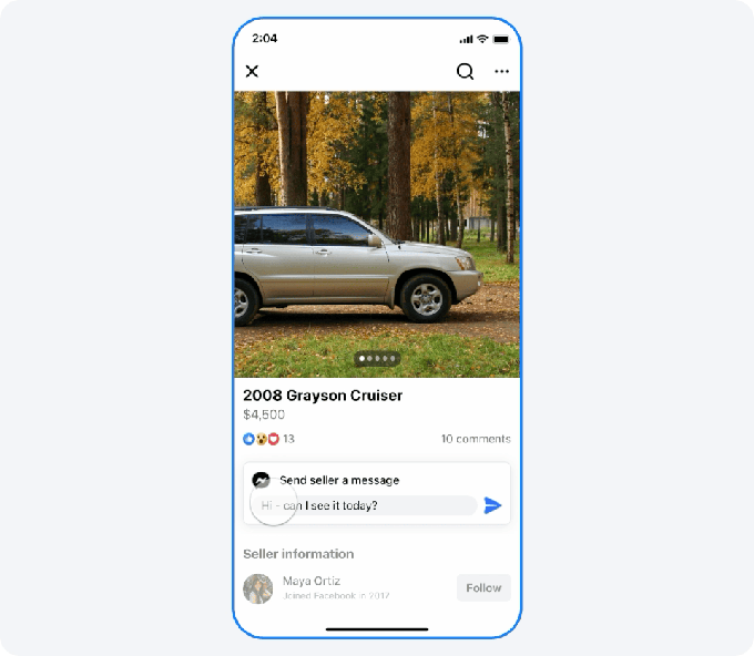 صفحه لیست محصول در Facebook Marketplace با یک خودروی 2008 Grayson Cruiser و فیلد متنی پیام که عبارت "Hi, can I see it today؟" را به عنوان یک پیشنهاد هوش مصنوعی نشان میدهد.