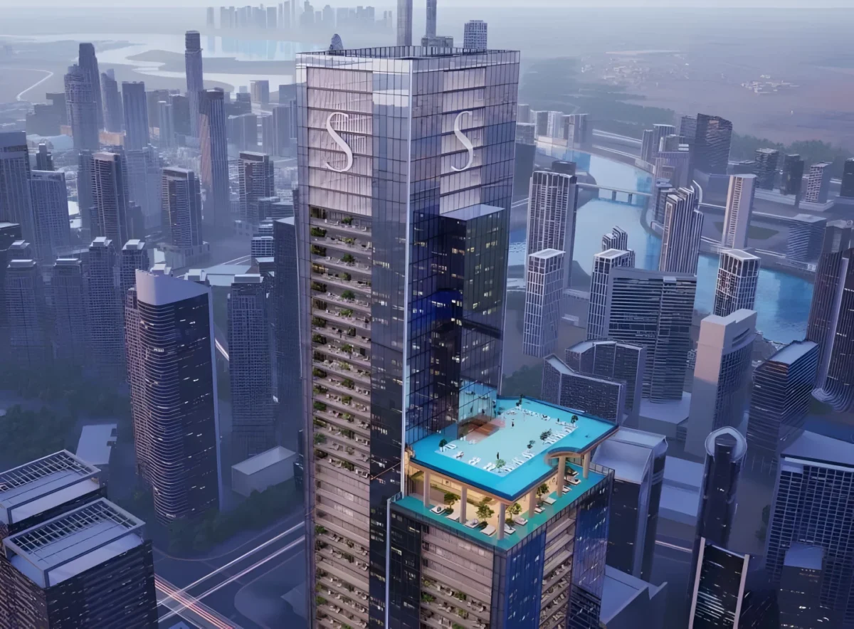برج بلند Sobha SkyParks در قلب دوبی با استخر بی‌انتها بر فراز شهر.