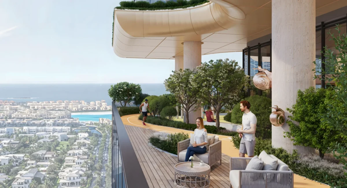 تراس سبز SkyPark برج Sobha SkyParks با مسیر پیاده‌روی و منظره دریا در دوبی.