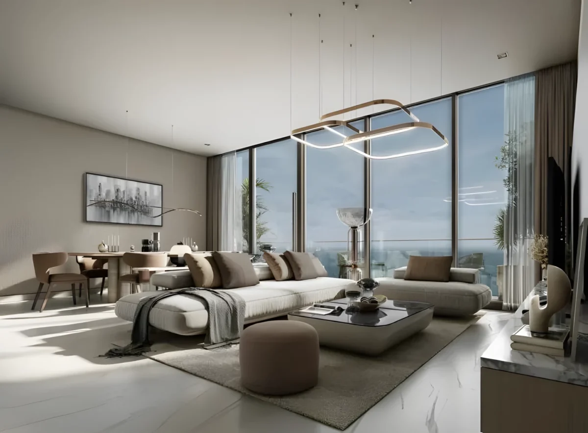 نشیمن مدرن و روشن در یکی از واحدهای مسکونی برج Sobha SkyParks در دوبی.