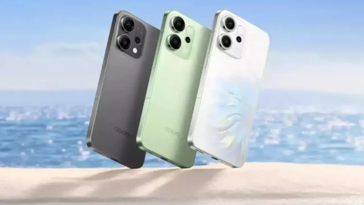 سه مدل گوشی اوپو رینو ۱۵ در کنار هم در رنگهای سفید، سبز زیتونی و مشکی