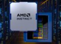 یک رندر دیجیتالی از تراشه هوش مصنوعی AMD Instinct MI430X با پوشش فلزی و لوگوی AMD، که بر روی یک تراشه بزرگتر با نمای نزدیک از قالب‌ها (Dies) در پس‌زمینه یک مرکز داده آبی قرار گرفته است.