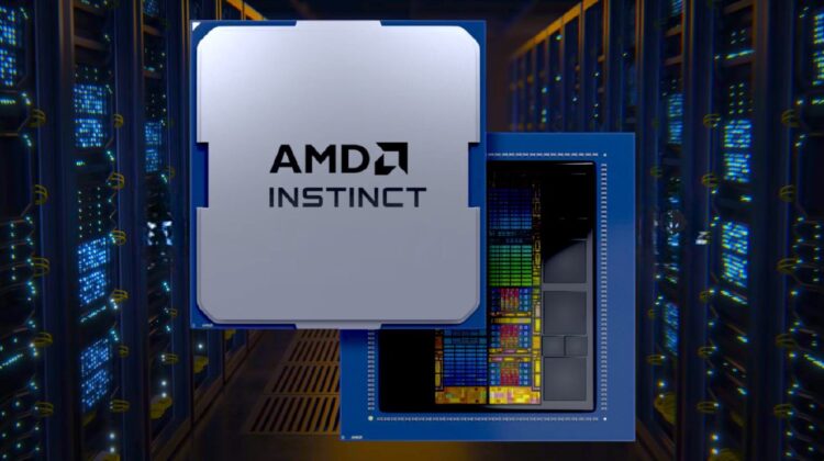 یک رندر دیجیتالی از تراشه هوش مصنوعی AMD Instinct MI430X با پوشش فلزی و لوگوی AMD، که بر روی یک تراشه بزرگتر با نمای نزدیک از قالبها (Dies) در پسزمینه یک مرکز داده آبی قرار گرفته است.