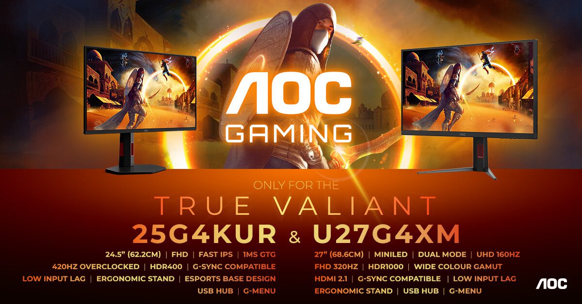 بنر تبلیغاتی AOC Gaming که مشخصات دو مانیتور گیمینگ (25G4KUR و U27G4XM) را فهرست کرده و بر ویژگی‌هایی مانند MiniLED، 160Hz/320Hz و HDR1000 تأکید می‌کند.