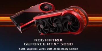 دو کارت گرافیک ROG Matrix GeForce RTX 5090 با طراحی مشکی و قرمز که در حالت پرواز روی یک پس‌زمینه تیره با خطوط نورانی نارنجی/قرمز قرار دارند و عبارت "ROG MATRIX GEFORCE RTX 5090" در پایین دیده می‌شود.