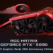 دو کارت گرافیک ROG Matrix GeForce RTX 5090 با طراحی مشکی و قرمز که در حالت پرواز روی یک پسزمینه تیره با خطوط نورانی نارنجی/قرمز قرار دارند و عبارت "ROG MATRIX GEFORCE RTX 5090" در پایین دیده میشود.