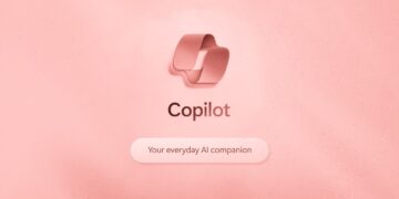 لوگوی مایکروسافت Copilot (شکل نواری) و متن "Copilot" با شعار "Your everyday AI companion" در یک پس‌زمینه بافت‌دار به رنگ صورتی کم‌رنگ.