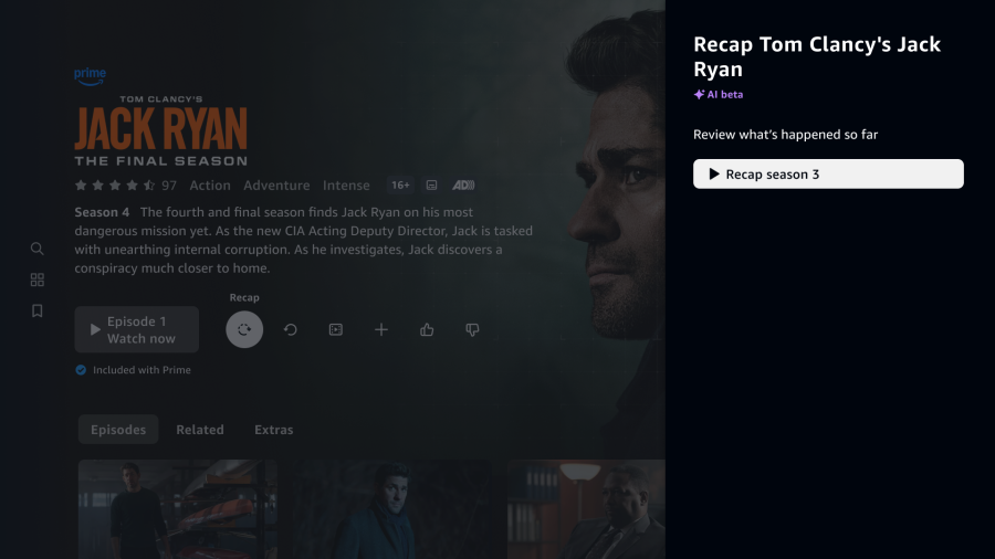 رابط کاربری Amazon Prime Video که صفحه سریال "Tom Clancy's Jack Ryan" را نشان میدهد و پنل کناری آن ویژگی جدید "AI-generated Video Recaps" برای فصل ۳ را نمایش میدهد.