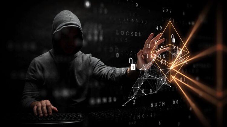 یک هکر کلاه‌دار در محیطی تاریک که در حال تایپ بر روی صفحه‌کلید است و در سمت راست او یک شبکه داده سه‌بعدی نورانی با نمادهای قفل و اعداد وجود دارد.