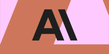 لوگوی Anthropic (حروف سیاه AI که حرف A فاقد خط افقی است) بر روی پس‌زمینه‌ای گرافیکی با رنگ‌های صورتی روشن و قهوه‌ای خاکی.