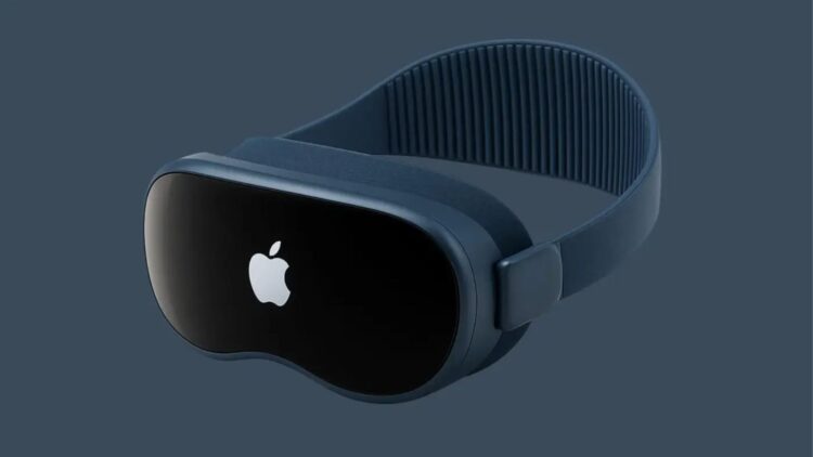 یک رندر از هدست واقعیت مجازی/افزوده Apple Vision Air به رنگ آبی تیره با لوگوی اپل در مرکز.