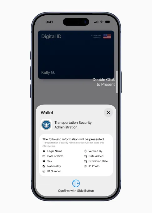 یک آیفون که در حال نمایش فرآیند تأیید هویت "Digital ID" در اپلیکیشن Wallet برای ارائه به "Transportation Security Administration" است و اطلاعاتی که به اشتراک گذاشته می‌شوند را لیست می‌کند.