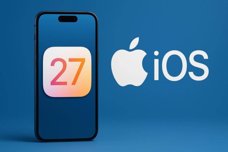 لوگوی اپل و متن "iOS" در کنار یک گوشی آیفون با نماد ۲۷ در مرکز، در یک پس‌زمینه آبی تیره.
