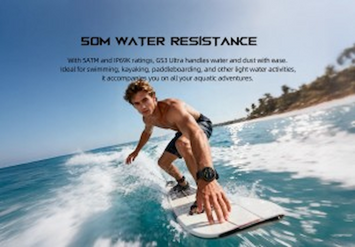 یک مرد در حال موجسواری (یا پدلبوردینگ) روی موج در دریا، که ساعت Black Shark GS3 Ultra با واچفیس روشن روی مچ دستش دیده میشود.