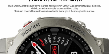 نمای نزدیک از فریم فلزی ساعت Black Shark GS3 Ultra با متنهای "POWER" و "SPORT" حک شده و طراحی مکانیکی دکمهها.