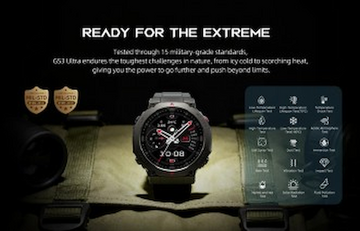 یک مرد در حال موجسواری (یا پدلبوردینگ) روی موج در دریا، که ساعت Black Shark GS3 Ultra با واچفیس روشن روی مچ دستش دیده میشود.