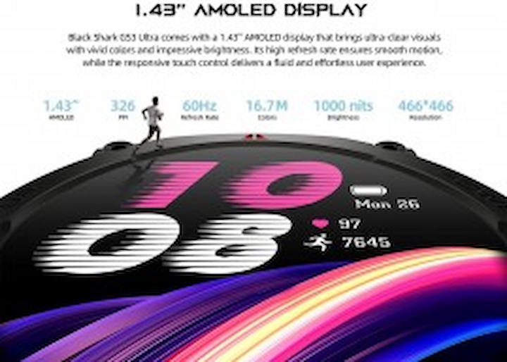 ساعت هوشمند Black Shark GS3 Ultra با واچفیس بزرگ به رنگ صورتی و سیاه که ساعت 10:08 را نشان میدهد و جزئیات نمایشگر AMOLED ۱.۴۳ اینچی در بالا ذکر شده است.