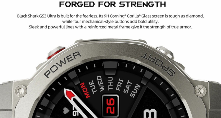 نمای نزدیک از فریم فلزی ساعت Black Shark GS3 Ultra با متنهای "POWER" و "SPORT" حک شده و طراحی مکانیکی دکمهها.