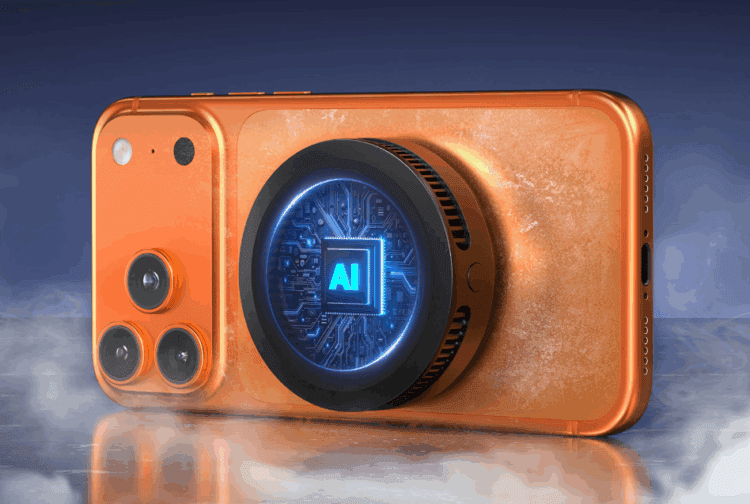 رندر تبلیغاتی یک گوشی هوشمند نارنجی رنگ با ماژول دوربین سه‌گانه و یک خنک‌کننده مغناطیسی بزرگ دایره‌ای در پشت که یک طرح مدار آبی نئونی با متن "AI" را نمایش می‌دهد.