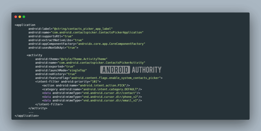کد جاوا (Java) یا کاتلین (Kotlin) مربوط به کلاس ContactsPickerSessionContract که نشاندهنده ساختار API جدید انتخابگر مخاطبین در اندروید ۱۷ است.