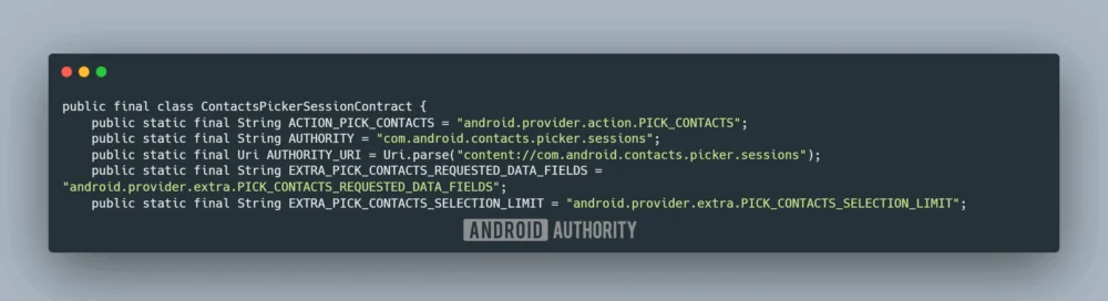 کدهای مانیفست XML برنامه اندروید که پیکربندی فعالیت (Activity) برای ContactsPickerActivity را نشان میدهد.