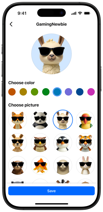 رابط کاربری موبایل فیسبوک که در آن کاربر در حال انتخاب تصویر و رنگ پسزمینه برای نام مستعار (Nickname) است و آواتارهایی از حیوانات مختلف با عینک آفتابی نشان داده میشوند.