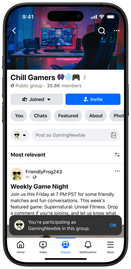 صفحه عضویت در گروه "Chill Gamers" در فیسبوک که نشان میدهد کاربر با نام مستعار "GamingNewbie" در حال شرکت در گروه است و یک اعلان تأیید در پایین دیده میشود.
