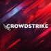 لوگوی سفید "CROWDSTRIKE" در مرکز یک پس‌زمینه انتزاعی با خطوط مورب و ذرات نور به رنگ‌های قرمز و آبی.