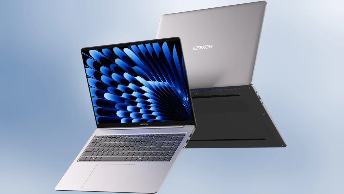 رندر تبلیغاتی لپ‌تاپ Geekbook X14 Pro در حالت باز، با صفحه نمایش روشن و لپ‌تاپی دیگر در پشت که پشت درب آن دیده می‌شود.