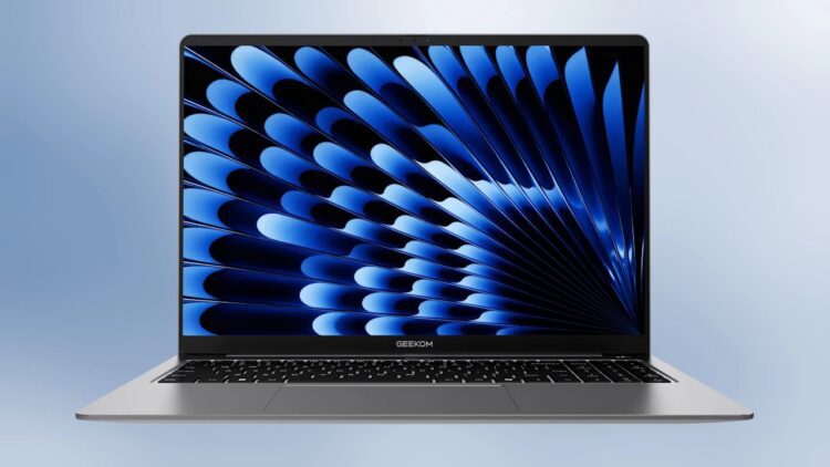 نمای جلو لپ‌تاپ Geekbook X14 Pro با صفحه نمایش روشن که والپیپری با الگوهای آبی پر مانند را نشان می‌دهد.