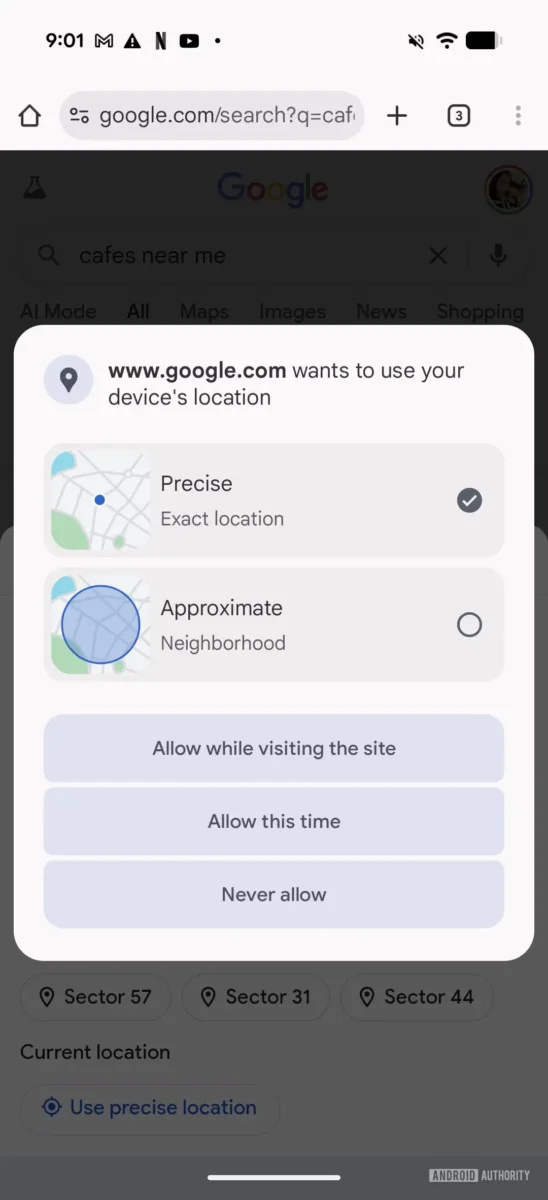 تنظیمات جدید موقعیت در مرورگر کروم اندروید
