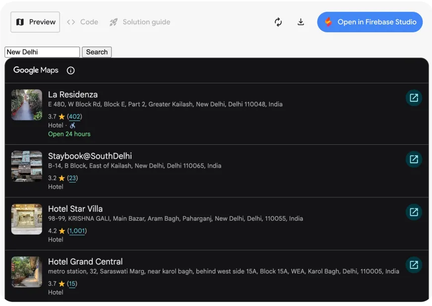 اسکرین‌شاتی از ابزار توسعه‌دهنده Google Maps Platform که در آن لیستی از نتایج جستجو برای هتل‌ها در دهلی نو (New Delhi) نمایش داده می‌شود، از جمله "La Residenza" و "Staybook@SouthDelhi".