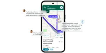 رابط کاربری Google Maps در یک گوشی هوشمند که در حال ناوبری، یک پنجره گفتگوی هوش مصنوعی را در مرکز نشان می‌دهد که به سوالاتی در مورد رستوران‌ها و پارکینگ پاسخ می‌دهد.
