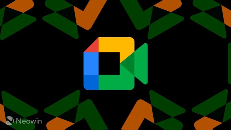 لوگوی Google Meet (مربع رنگارنگ با نماد دوربین) بر روی پس‌زمینه‌ای با الگوی هندسی مشکی و رنگی.