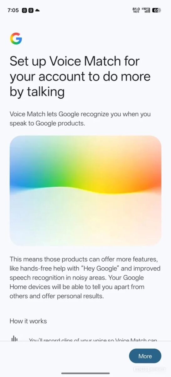 صفحه "Talk to Gemini hands-free" که تنظیمات Voice Match برای فعال کردن "Hey Google" را نشان میدهد.