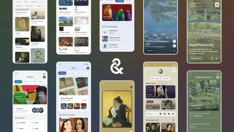 چندین تصویر صفحه نمایش گوشی هوشمند که ویژگیهای مختلف برنامه Google Arts & Culture از جمله 'World Toon Video'، 'Art Chats' و 'PoemPostcards' را نشان میدهد.