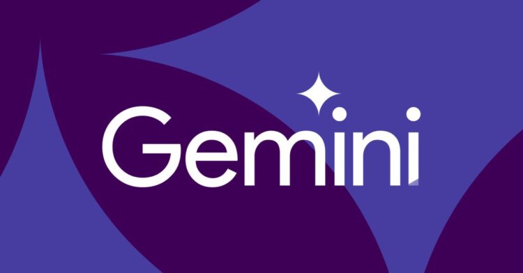 لوگوی سفید رنگ Gemini با یک ستاره درخشان کوچک، بر روی پس‌زمینه‌ای با طرح‌های انتزاعی به رنگ بنفش تیره و روشن.