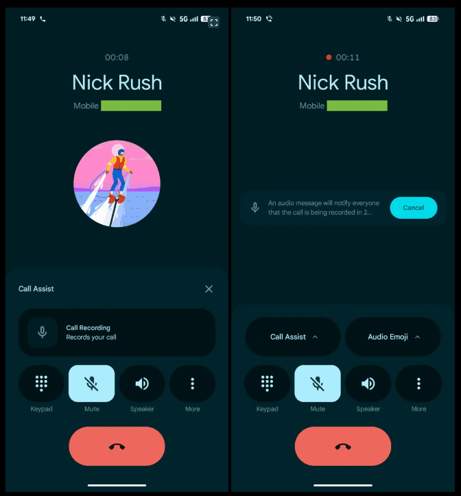 دو اسکرینشات متوالی از برنامه Google Phone که نشان میدهد پس از فعال کردن Call Recording، یک پیام صوتی (Audio message) در مورد ضبط شدن تماس به طرف مقابل اطلاع داده میشود.