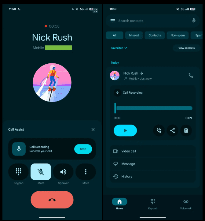 دو اسکرینشات از برنامه Google Phone در حالت تاریک که رابط کاربری ضبط تماس فعال شده (نشانگر قرمز و دکمه Stop) در سمت چپ و نمای تماس ضبط شده با کنترلهای پخش در سمت راست را نشان میدهد.