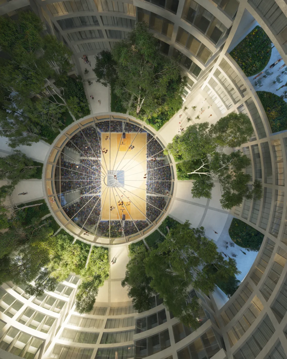 نمای از بالا از حیاط مرکزی و زمین ورزشی در مرکز سازه کروی
