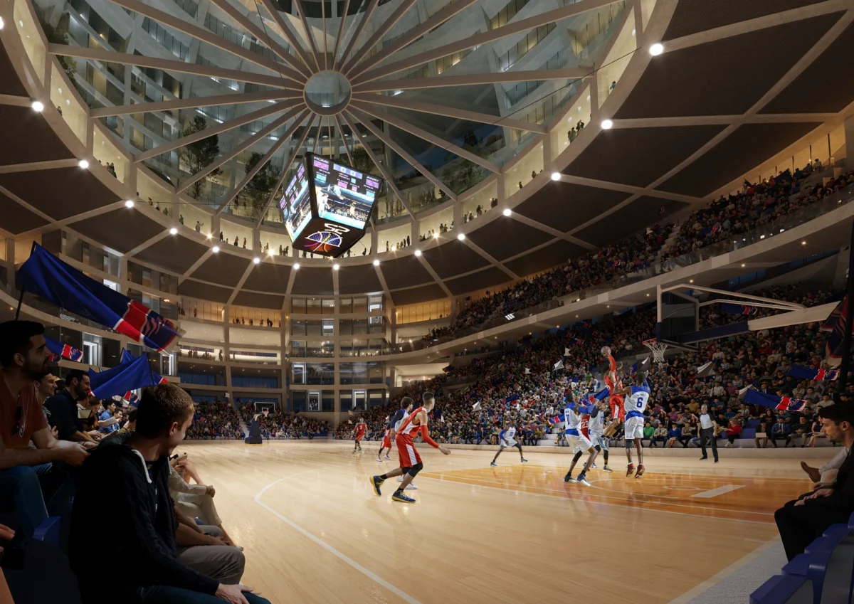سالن ورزشی داخلی با تماشاگران و بازیکنان بسکتبال زیر سقف گنبدیشکل