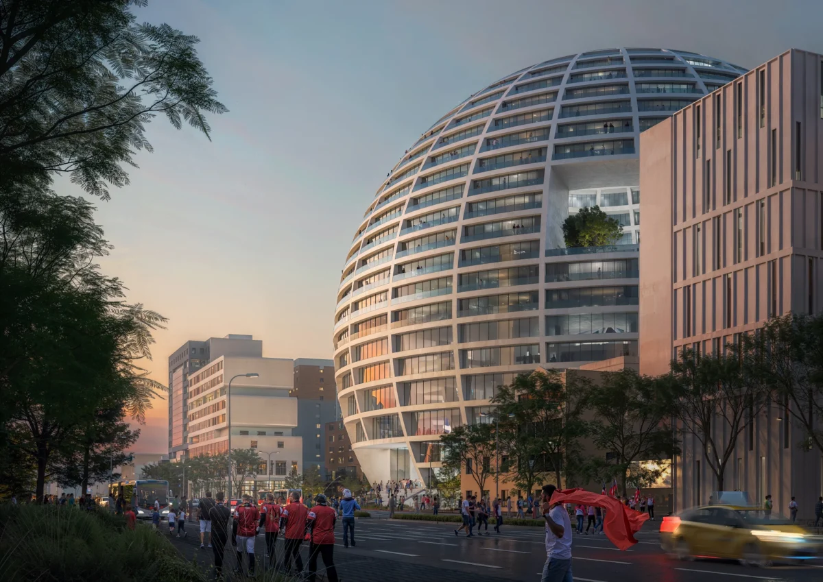 نمای بیرونی پروژه کروی Grand Ballroom در غروب